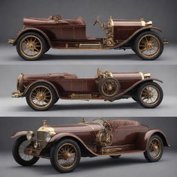 Luxury cars reimagined in a steampunk style, featuring elegant vintage design, brass and copper details, intricate gearwork, and steam-powered machinery.