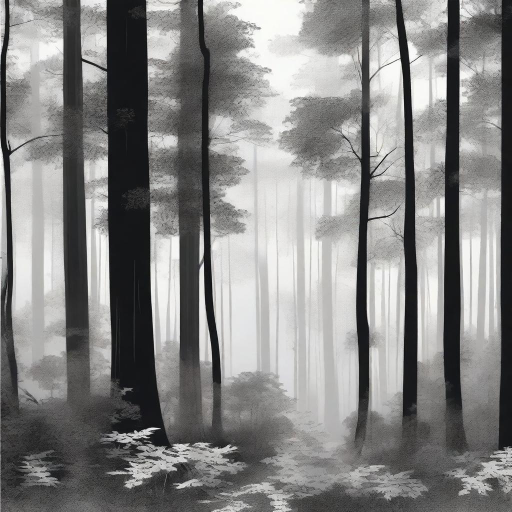 A serene forest scene depicted in black and white