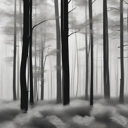 A serene forest scene depicted in black and white