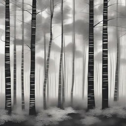 A serene forest scene depicted in black and white