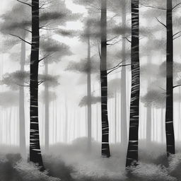 A serene forest scene depicted in black and white