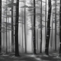 A realistic black and white depiction of a forest