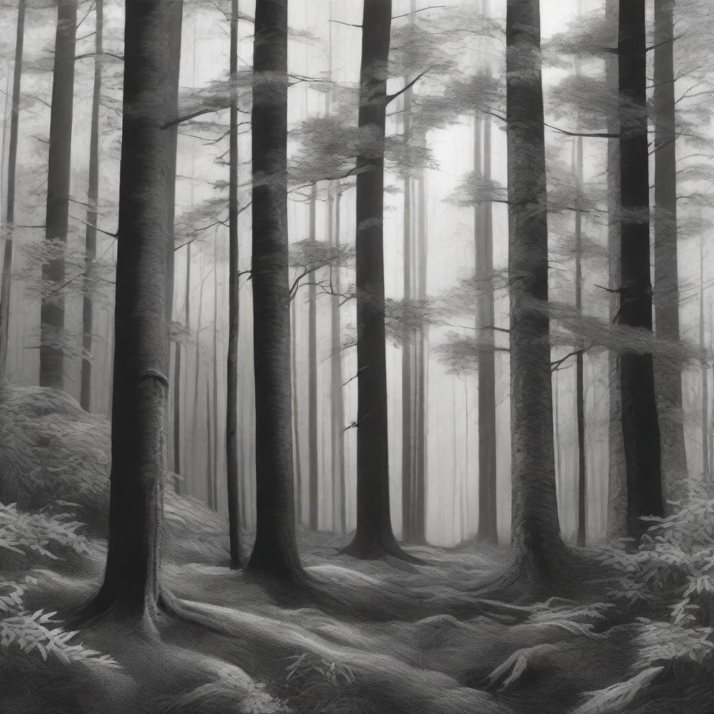 A realistic black and white depiction of a forest