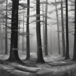 A realistic black and white depiction of a forest