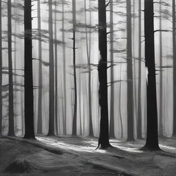 A realistic black and white depiction of a forest