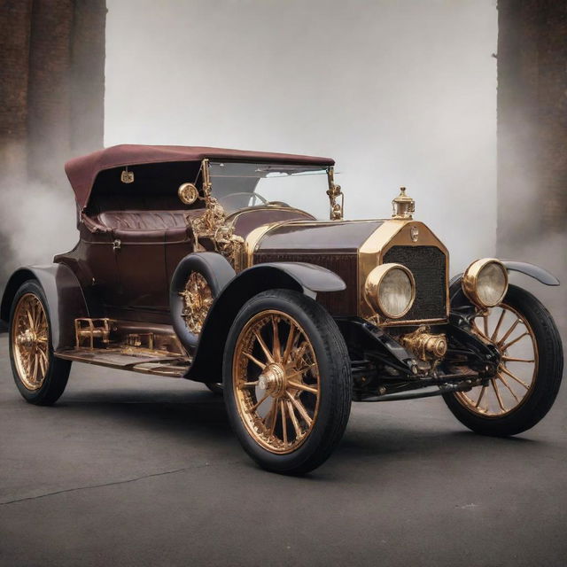 Luxury cars reimagined in a steampunk style, featuring elegant vintage design, brass and copper details, intricate gearwork, and steam-powered machinery.