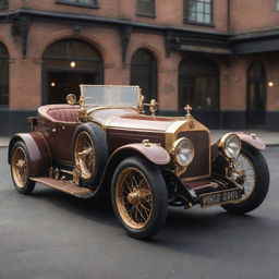 Luxury cars reimagined in a steampunk style, featuring elegant vintage design, brass and copper details, intricate gearwork, and steam-powered machinery.