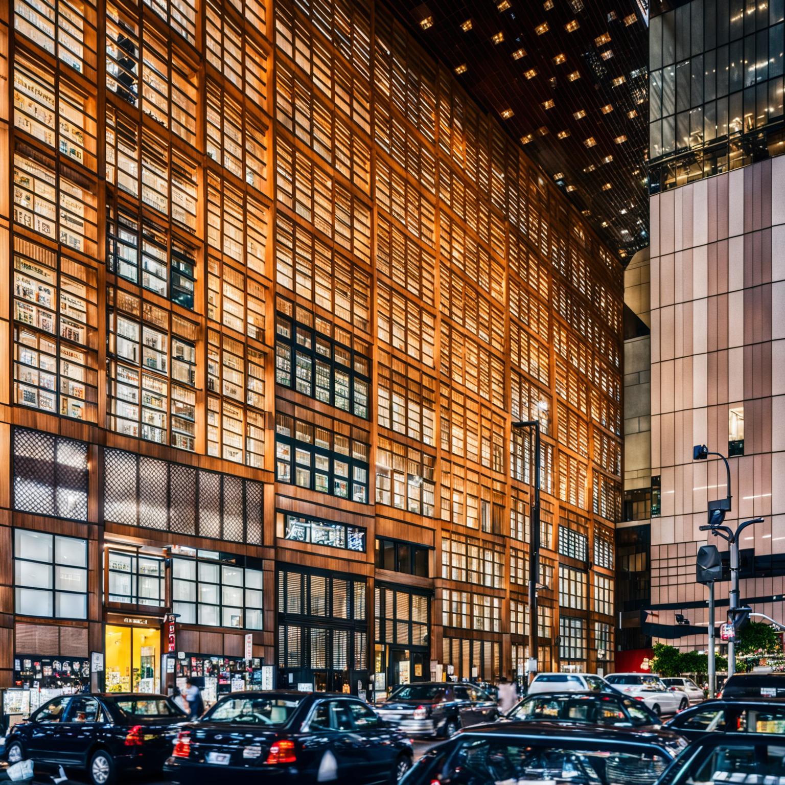 A bustling streetscape in Tokyo's Shirokane neighbourhood featuring a bookstore with a polished wooden lattice facade, diamond-shaped windows and a black entrance door.