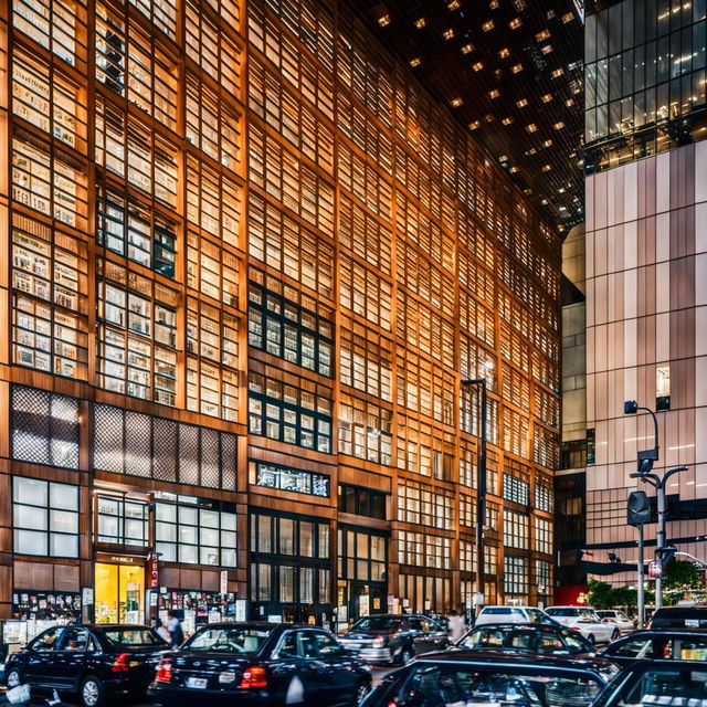 A bustling streetscape in Tokyo's Shirokane neighbourhood featuring a bookstore with a polished wooden lattice facade, diamond-shaped windows and a black entrance door.