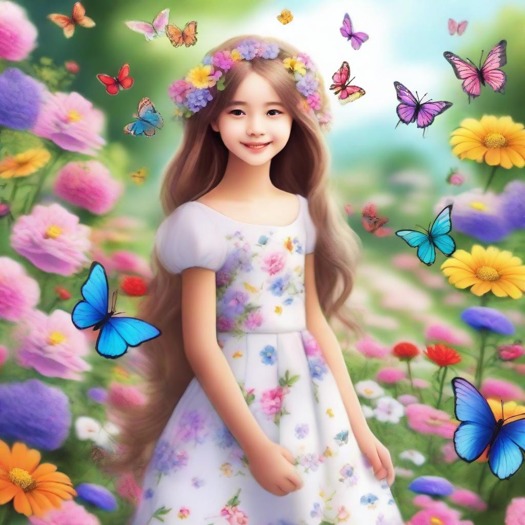A beautiful young girl with a bright smile, standing in a picturesque garden filled with colorful flowers and butterflies