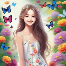 A beautiful young girl with a bright smile, standing in a picturesque garden filled with colorful flowers and butterflies