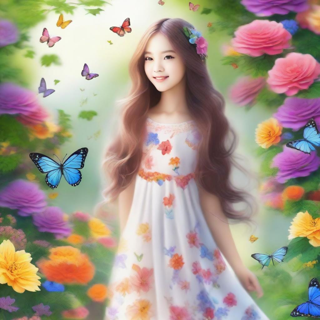 A beautiful young girl with a bright smile, standing in a picturesque garden filled with colorful flowers and butterflies