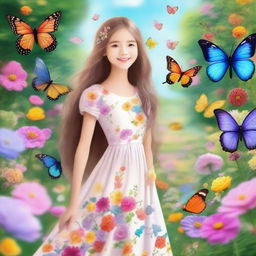 A beautiful young girl with a bright smile, standing in a picturesque garden filled with colorful flowers and butterflies