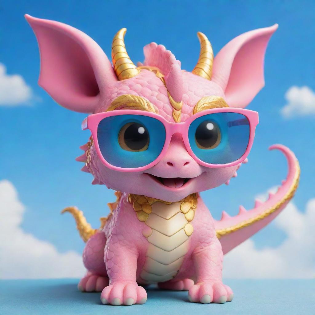 A chibi style cute golden dragon wearing pink glasses, playing under a blue sky