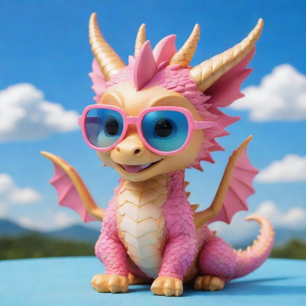 A chibi style cute golden dragon wearing pink glasses, playing under a blue sky