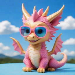 A chibi style cute golden dragon wearing pink glasses, playing under a blue sky