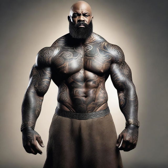 A bald, bearded goliath with unnatural black skin and well-defined muscles