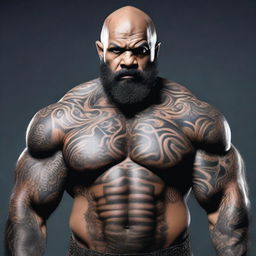 A bald, bearded goliath with unnatural black skin and well-defined muscles