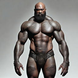 A bald, bearded goliath with unnatural black skin and well-defined muscles