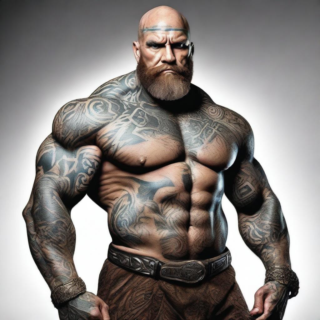 A bald, bearded goliath with stone-like skin and well-defined muscles