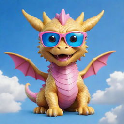 A chibi style cute golden dragon wearing pink glasses, playing under a blue sky