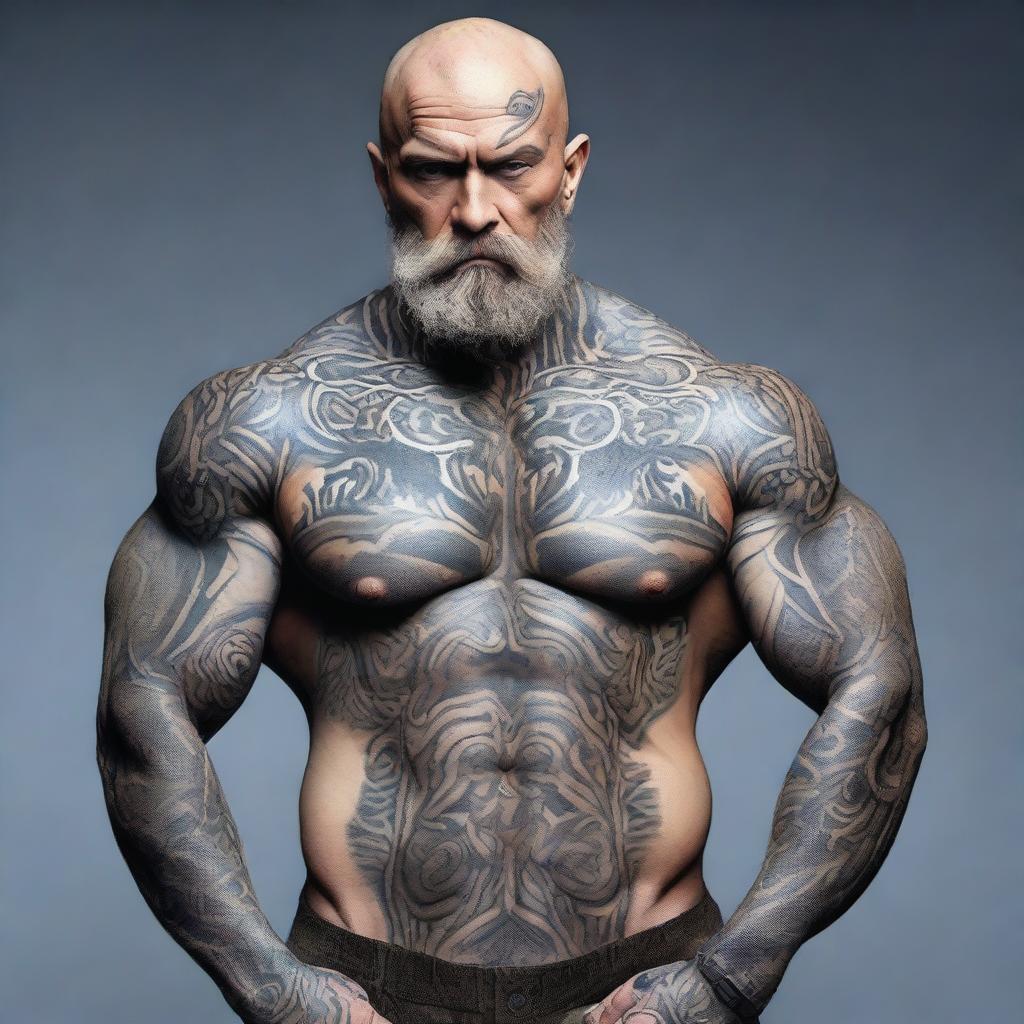 A bald, bearded figure with stone-like skin and well-defined muscles