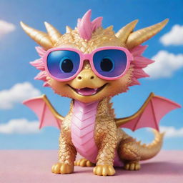 A chibi style cute golden dragon wearing pink glasses, playing under a blue sky