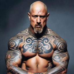 A bald, muscular Caucasian figure with a goatee