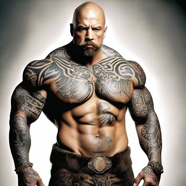 A bald, muscular Caucasian figure with a goatee