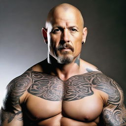 A bald, muscular middle-aged Caucasian man with a goatee