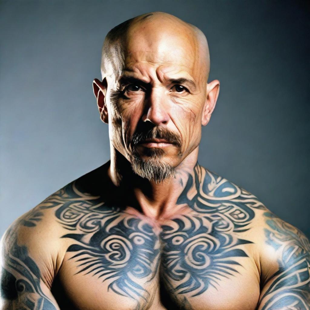 A bald, muscular middle-aged Caucasian man with a goatee