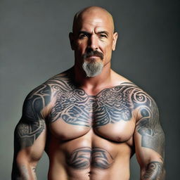 A bald, muscular middle-aged Caucasian man with a goatee