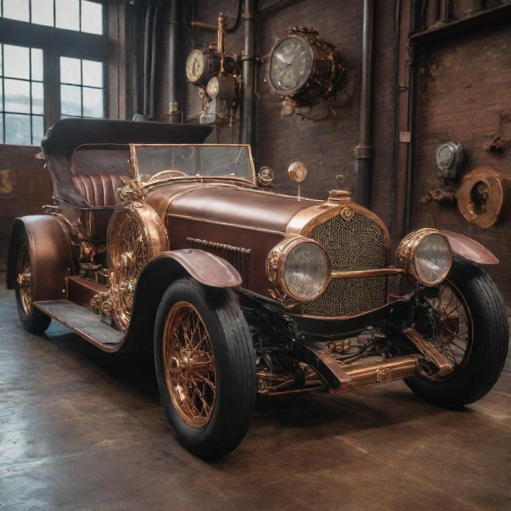 Supercars in a steampunk aesthetic, incorporating vintage features with extravagant brass and copper additions, steam propulsion systems, and intricate gears and mechanics.