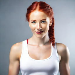 A young, athletic woman with red hair styled in a single braid