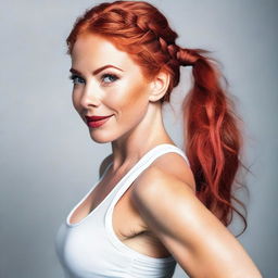 A young, athletic woman with red hair styled in a single braid