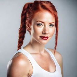 A young, athletic woman with red hair styled in a single braid