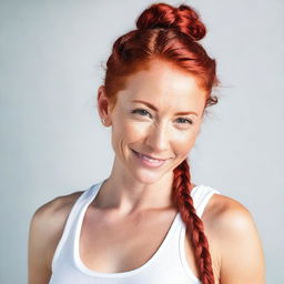 A young, athletic woman with red hair styled in a single braid