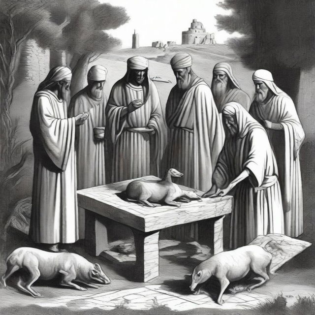 A black and white drawing depicting an ancient covenant with God, where people from the Old Testament are seen cutting animals and placing them on an altar