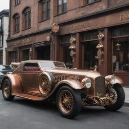 Supercars in a steampunk aesthetic, incorporating vintage features with extravagant brass and copper additions, steam propulsion systems, and intricate gears and mechanics.