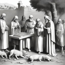 A black and white drawing depicting an ancient covenant with God, where people from the Old Testament are seen cutting animals and placing them on an altar