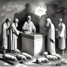 A black and white drawing depicting an ancient covenant with God, where people from the Old Testament are seen cutting animals and placing them on an altar