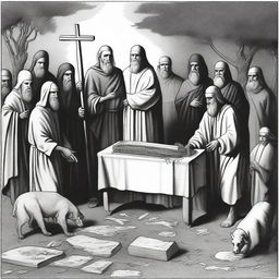 A black and white drawing depicting an ancient covenant with God, where people from the Old Testament are seen cutting animals and placing them on an altar