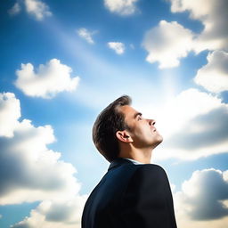 A businessman looking up at the sky, symbolizing a covenant with God