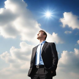 A businessman looking up at the sky, symbolizing a covenant with God