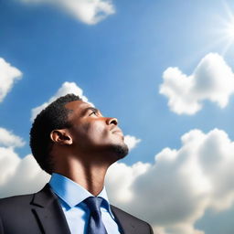 A businessman looking up at the sky, symbolizing a covenant with God