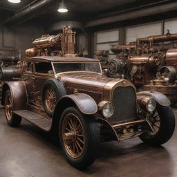 Supercars in a steampunk aesthetic, incorporating vintage features with extravagant brass and copper additions, steam propulsion systems, and intricate gears and mechanics.