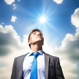 A businessman looking up at the sky, symbolizing a covenant with God