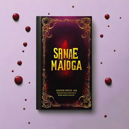 Create a book cover with a gothic vibe, predominantly black, featuring small red blood droplets, a purple border, and yellow sparks near the blood droplets