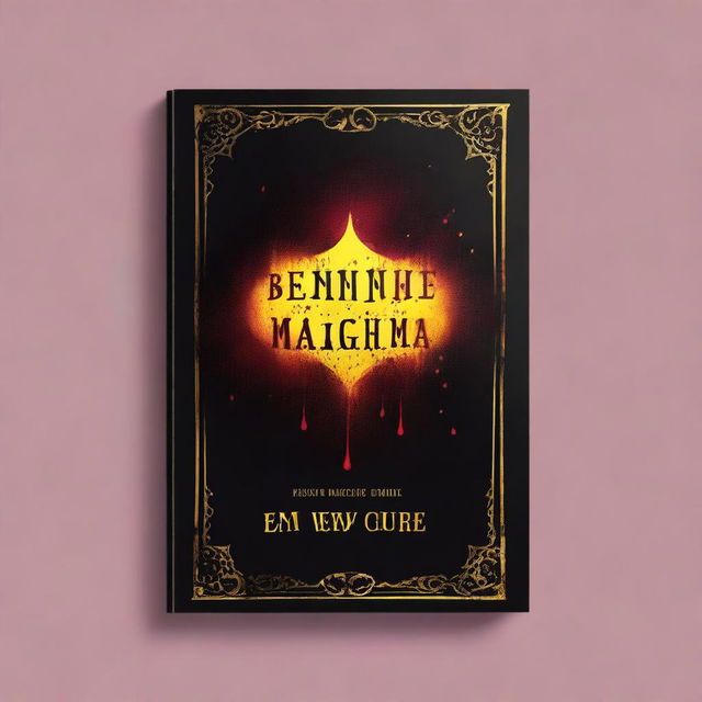 Create a book cover with a gothic vibe, predominantly black, featuring small red blood droplets, a purple border, and yellow sparks near the blood droplets