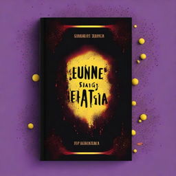 Create a book cover with a gothic vibe, predominantly black, featuring small red blood droplets, a purple border, and yellow sparks near the blood droplets